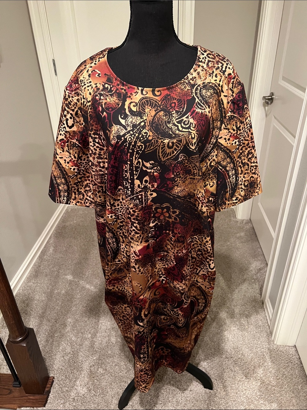 Jones Studio Burgundy, Tan & Black Paisley Animal-Print Midi Dress